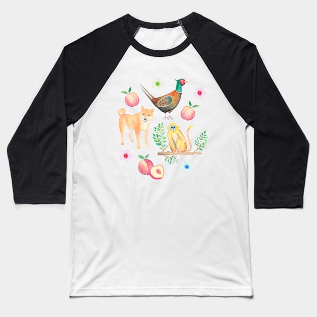 Dog, Monkey and Pheasant with Peaches Baseball T-Shirt by Julia Madoka